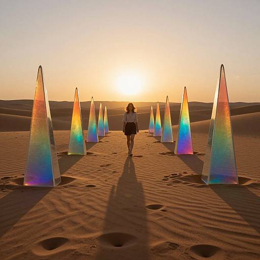 Photograph of a woman in white shirt and black skirt walking through a desert at sunset, surrounded by rainbow-colored, triangular prisms.