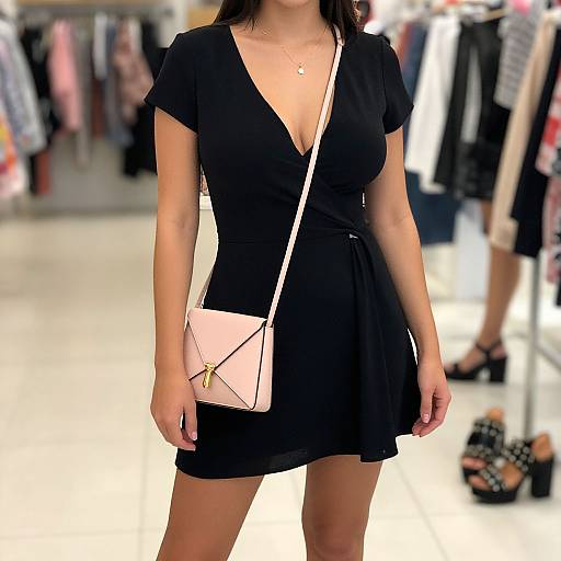 Photograph of a woman in a black V-neck dress with a pink crossbody purse, standing in a brightly lit clothing store.