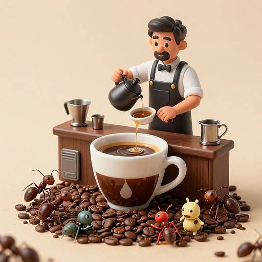 3D digital illustration of a mustached barista pouring coffee into a giant cup, surrounded by coffee beans, insects, and a wooden coffee machine.