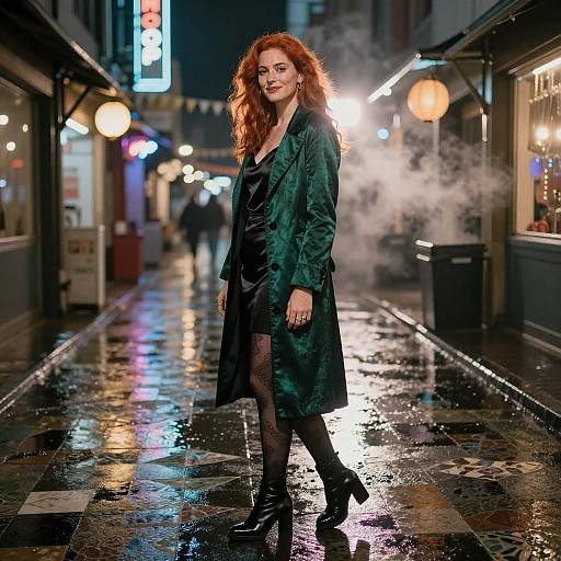 Emerald Coat Neon Night Street Portrait