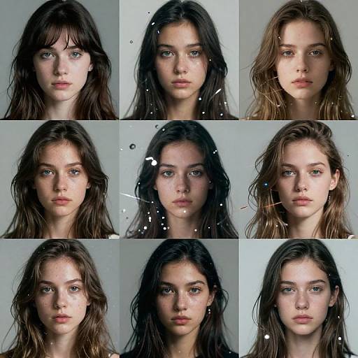 Photograph collage of nine close-up shots of a young woman with long brown hair, blue eyes, and fair skin, displaying various neutral expressions against a