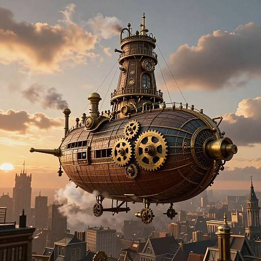 Steampunk airship with clock tower, large gears, and golden accents flies over a sunset cityscape with skyscrapers and historical buildings.