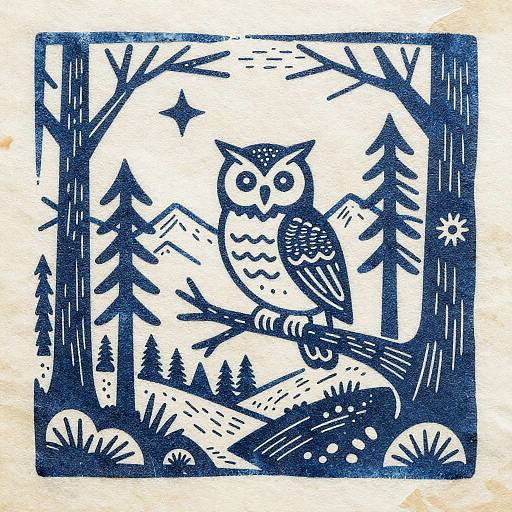 Woodcut Owl in Pine Forest