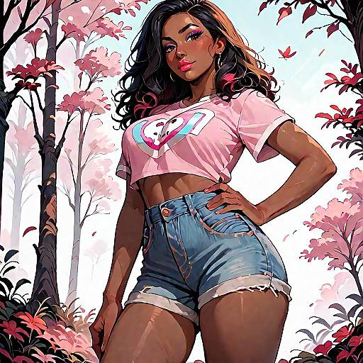 Confident Woman in Pastel Pink Cropped Top and Denim Shorts