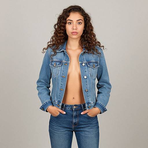 Photograph of a curly-haired woman with light brown skin, wearing an unbuttoned blue denim jacket and blue jeans, standing against a plain white background