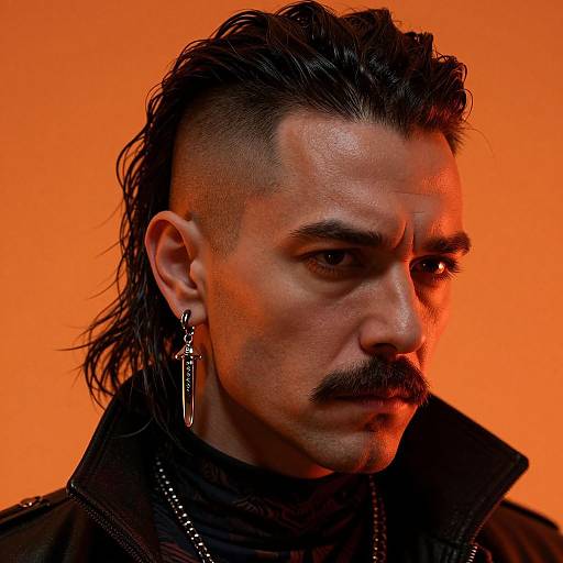 Photograph of a serious-looking man with dark, wet hair, a thick mustache, and a silver earring, set against a vivid orange background