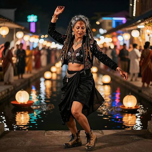 Dancer in Neon-lit Floating Market