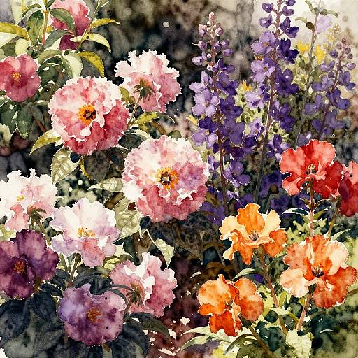 Vibrant watercolor painting of a garden with pink, purple, orange, and red flowers, showcasing rich colors and delicate textures.