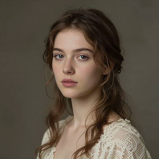 Photograph of a young woman with fair skin, brown wavy hair, and soft brown eyes, wearing a delicate lace top, against a dark gray
