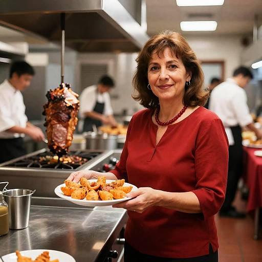 Middle-aged woman in kitchen holding plate of finger foods