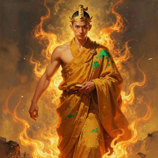 Photograph-like digital artwork of a muscular, dark-skinned deity in golden, flame-embroidered robes, crowned, standing amid intense, fiery