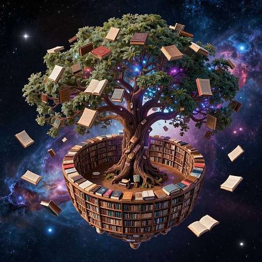 Fantastical digital art of a floating tree with books floating around it, surrounded by a circular library in space.