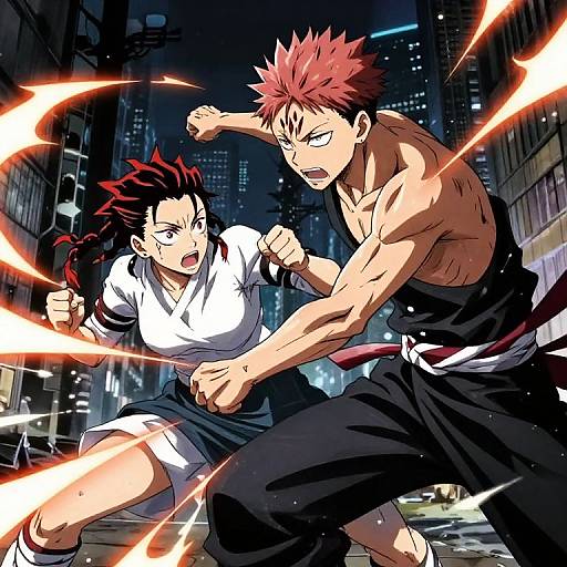 Dynamic anime-style battle scene: muscular red-haired man in black pants vs. black-haired woman in white shirt, both with electric energy blasts. Urban night