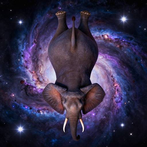 Digital illustration of a grey elephant floating upside down in a swirling galaxy, with vibrant purple, blue, and white nebulae, and twinkling stars
