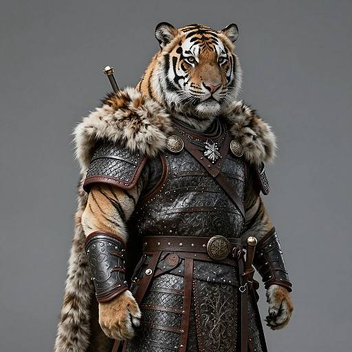 Digital artwork of a muscular anthropomorphic tiger in medieval armor with fur-lined shoulders, brown leather, and a sword sheath on the back. Gray background
