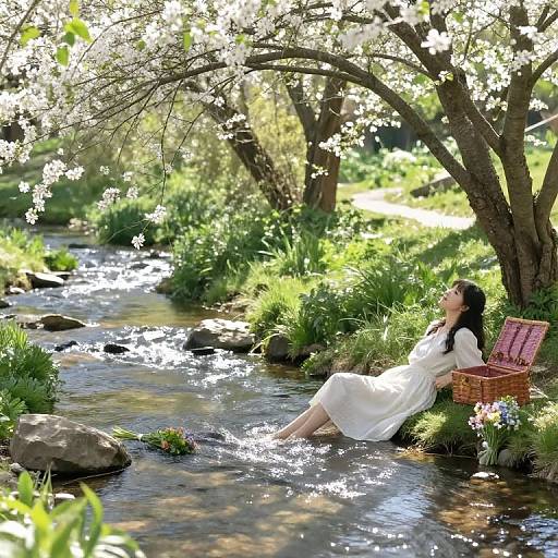 Springtime Picnic by Forest Stream