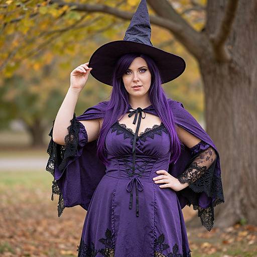 Photograph of a fair-skinned woman with long purple hair, wearing a black witch hat, lace-trimmed purple dress, and cape, standing