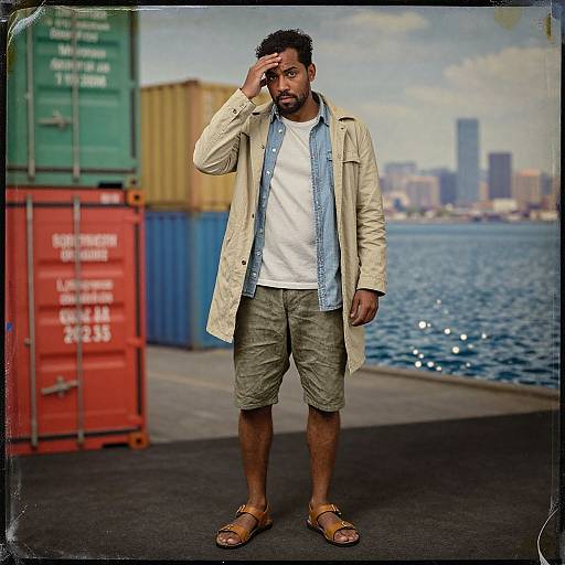 Photograph of a bearded man with medium build, wearing a beige coat, blue denim shirt, khaki shorts, and brown sandals, standing on