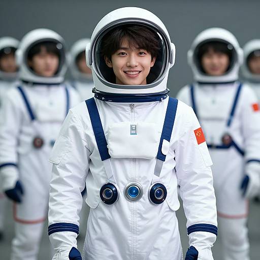 Photograph of an Asian person with short black hair smiling in a white astronaut suit with blue accents, standing in front of three blurred background figures in similar
