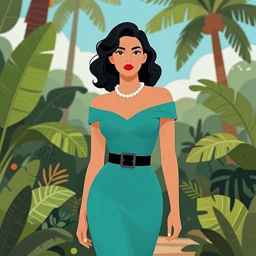 Digital illustration of a curvy woman with dark wavy hair, red lipstick, and pearl necklace, wearing an off-shoulder teal dress with black