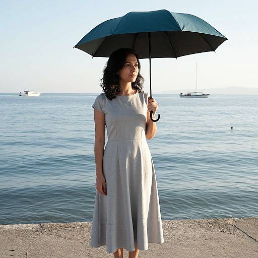 Photograph of a woman with curly dark hair, wearing a light gray dress, holding a black umbrella, standing by a calm sea with boats in the