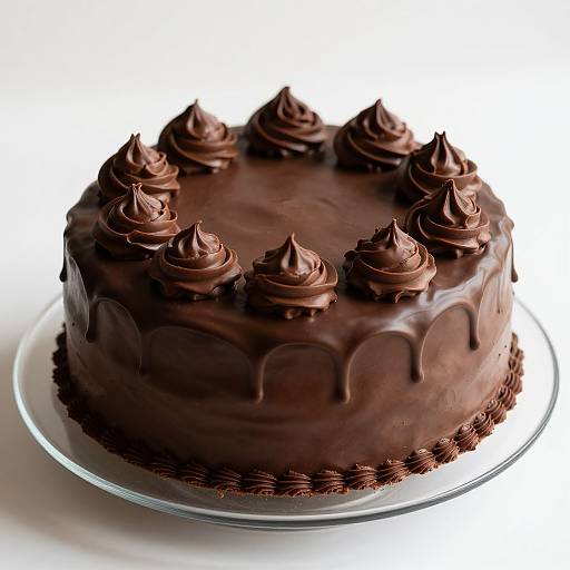 Photograph of a rich, chocolate-covered round cake with piped swirls on top and dripping chocolate edges, on a clear glass plate.