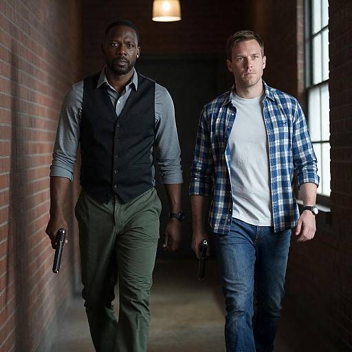 Dramatic Duo in Dimly Lit Hallway