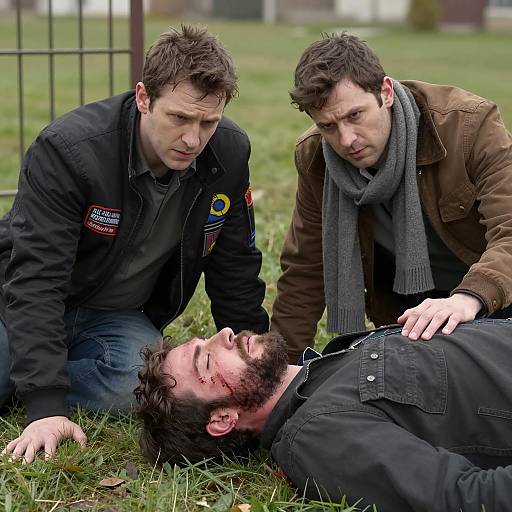 Two Men Attending Injured Man on Grass