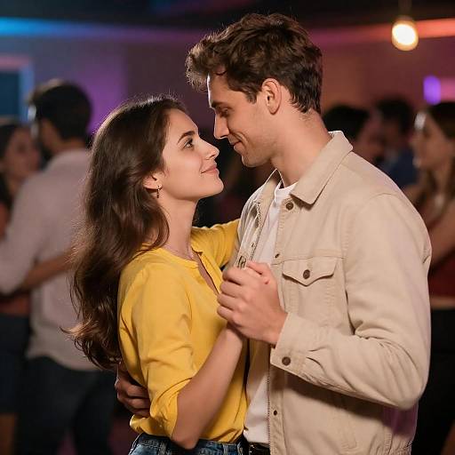 Intimate Couple Dancing at Colorful Party