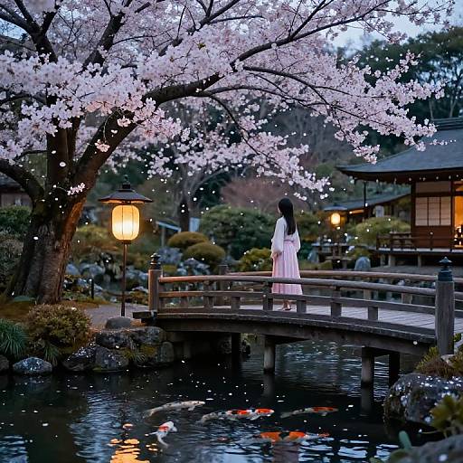 Photograph of a woman in a white kimono standing on a wooden bridge, gazing at cherry blossoms, with koi fish in a pond