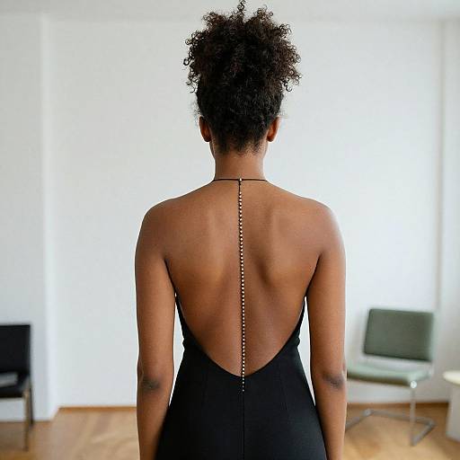 Photograph of a dark-skinned woman with curly hair, back facing the camera, wearing a black, backless dress with a vertical seam down her