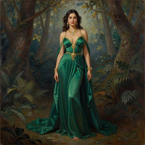 Digital painting of a dark-haired woman in a deep green, off-shoulder gown with gold accents, standing in a lush, forested background.