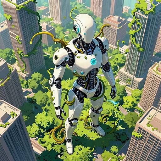 Digital artwork of a white, robotic humanoid with glowing blue eyes and yellow tendrils, standing amidst a cityscape with overgrown greenery and tall buildings