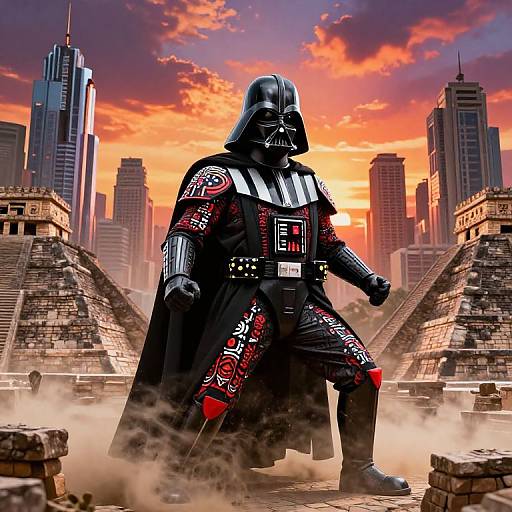Photorealistic digital art of Darth Vader in detailed black armor with red and white accents, standing in a dusty, ruins-filled cityscape with pyramids