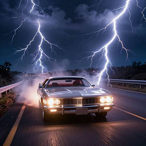Photograph of a white muscle car driving on a dark road at night, surrounded by vivid blue and white lightning bolts, headlights blazing, with smoke trailing