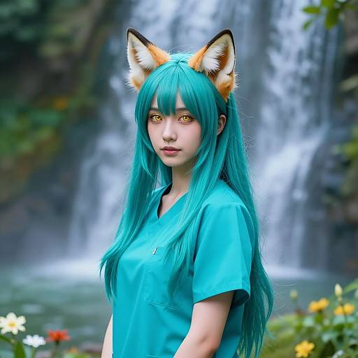 Photograph of a young woman with long turquoise hair, fox ears, and golden eyes, wearing a turquoise shirt, standing in front of a waterfall with