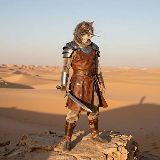 Digital art of a fierce anthropomorphic cat warrior in medieval armor, standing on a rocky dune, holding a sword in a desert under a clear blue