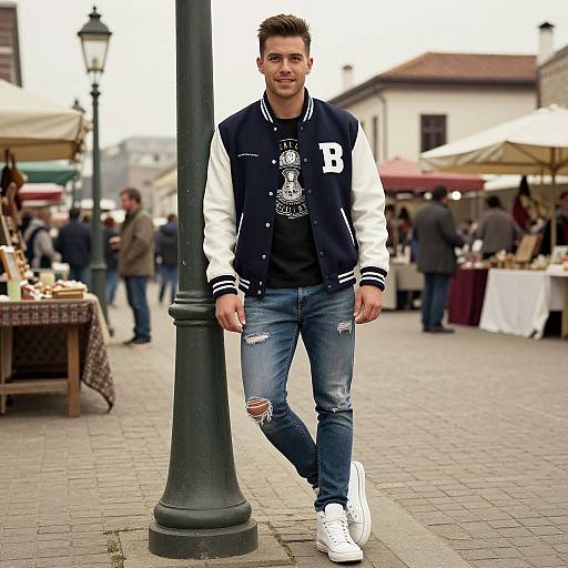 Photograph of a smiling young man in a navy and white varsity jacket, ripped jeans, and white sneakers, leaning against a street lamp in a