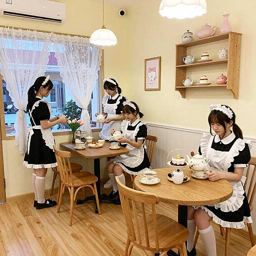 Photograph of four Japanese women in black and white maid uniforms serving tea in a cozy, sunlit wooden kitchen.