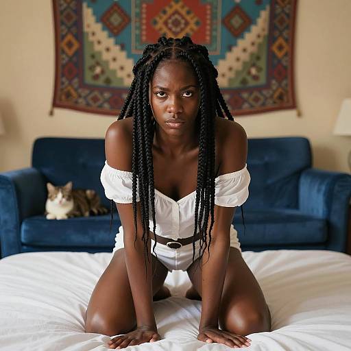 African American Woman Kneeling on Bed with Braids
