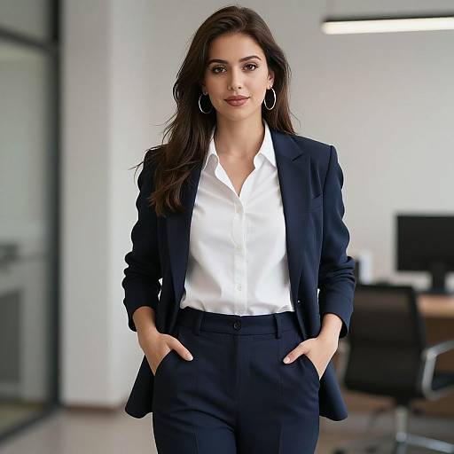 Photograph of a confident woman with long brown hair, wearing a black blazer and white shirt, hands in pockets, in a modern office with blurred