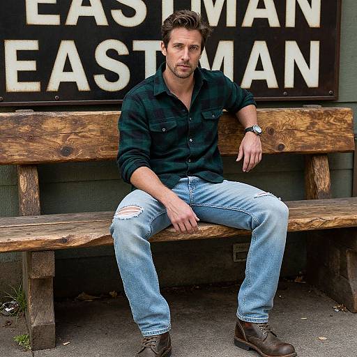 Photograph of a handsome, bearded man with short brown hair, wearing a black shirt, ripped blue jeans, and brown boots, sitting on a