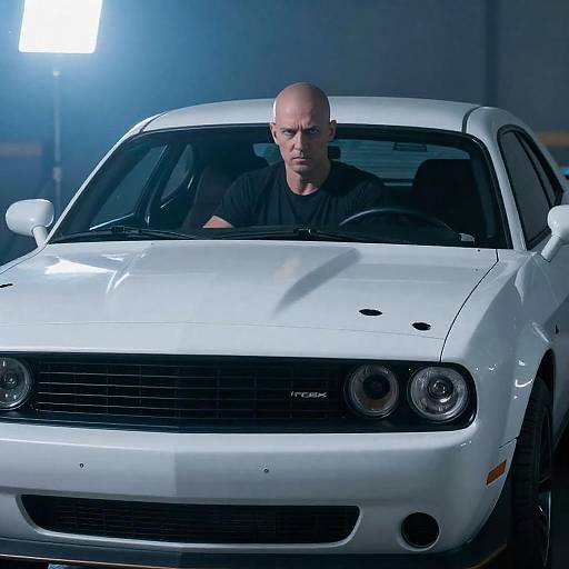 Serious Bald Man in White Muscle Car