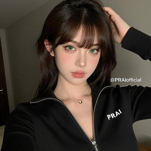 Young Woman in Stylish Black Zip-Up