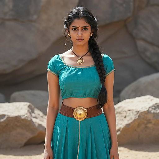 Young Indian Woman in Traditional Teal Attire