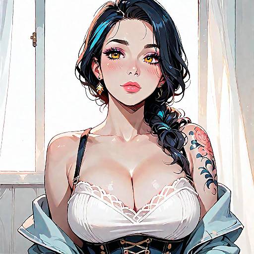 Brunette Woman in Denim Corset with Floral Tattoo