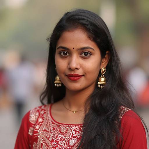 Photograph of a young Indian woman with long black hair, red bindi, red traditional dress, gold earrings, and red lipstick, smiling softly in