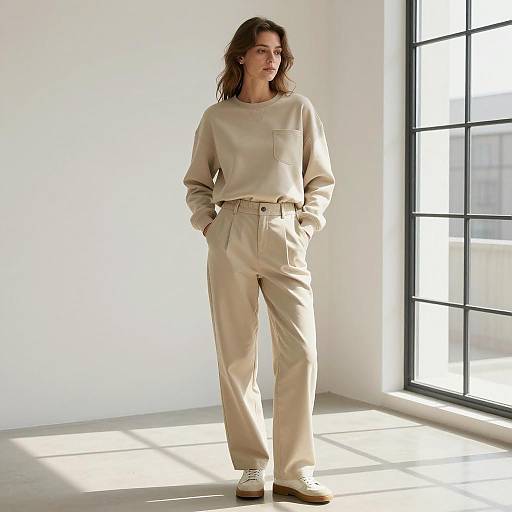 Woman in Beige Outfit Standing Indoors