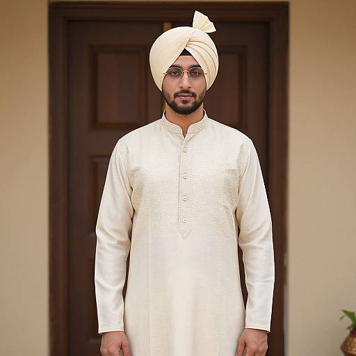 Photograph of a bearded man with light brown skin, wearing an ivory kurta and white turban, standing in front of a dark wooden door