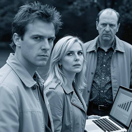 Serious Trio in Blue-Tinted Scene